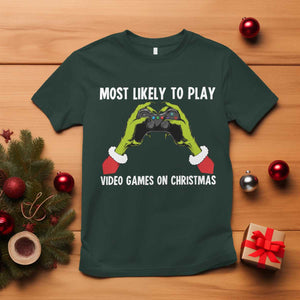 Funny Elf Hand Christmas T Shirt Most Likely To Play Video Games On Christmas TS14 Dark Forest Green Print Your Wear