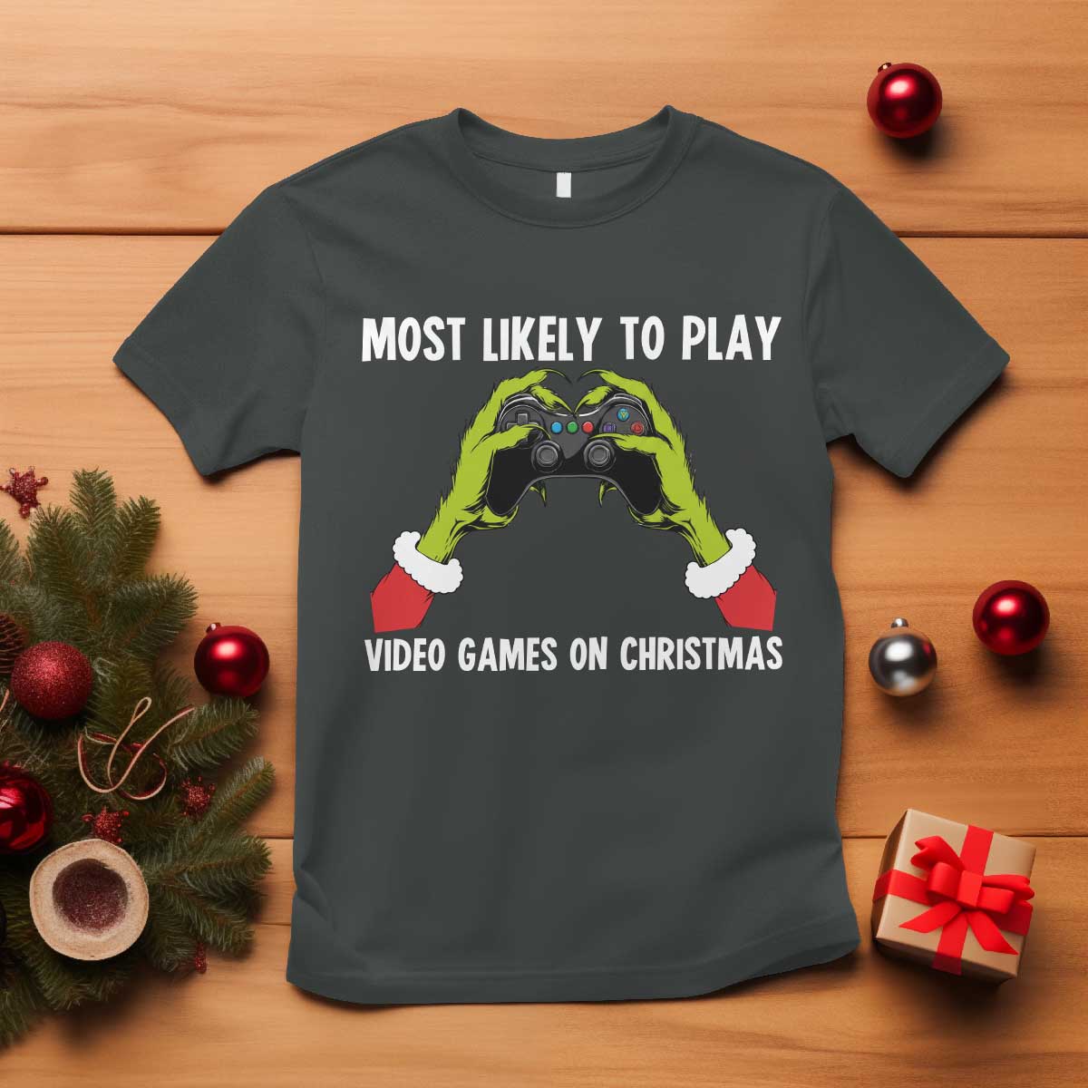 Funny Elf Hand Christmas T Shirt Most Likely To Play Video Games On Christmas TS14 Dark Heather Print Your Wear