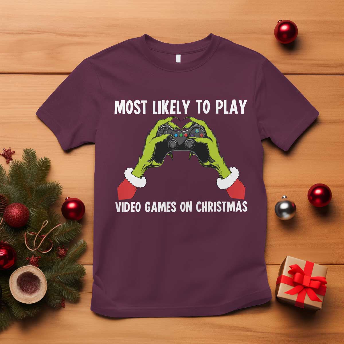 Funny Elf Hand Christmas T Shirt Most Likely To Play Video Games On Christmas TS14 Maroon Print Your Wear