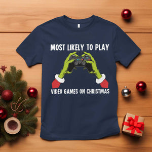 Funny Elf Hand Christmas T Shirt Most Likely To Play Video Games On Christmas TS14 Navy Print Your Wear