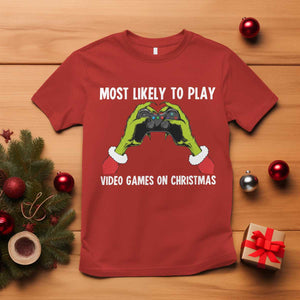 Funny Elf Hand Christmas T Shirt Most Likely To Play Video Games On Christmas TS14 Red Print Your Wear