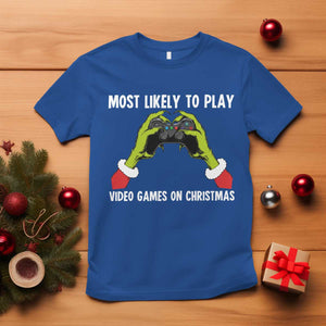 Funny Elf Hand Christmas T Shirt Most Likely To Play Video Games On Christmas TS14 Royal Blue Print Your Wear