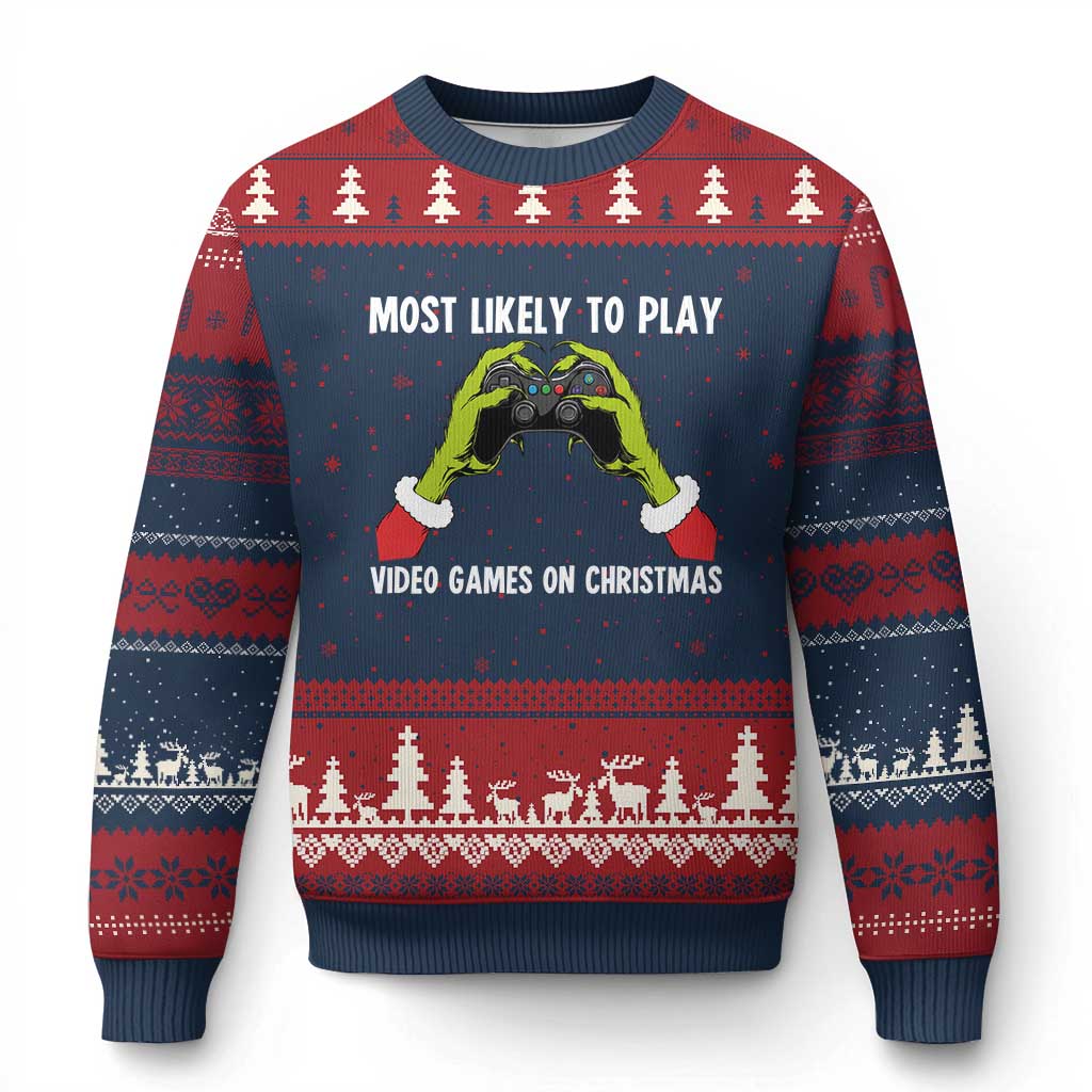 Funny Elf Hand Xmas Ugly Christmas Sweater Most Likely To Play Video Games On Xmas TS14 Navy Red Print Your Wear