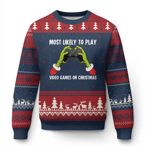 Funny Elf Hand Xmas Ugly Christmas Sweater Most Likely To Play Video Games On Xmas TS14 Navy Red Print Your Wear