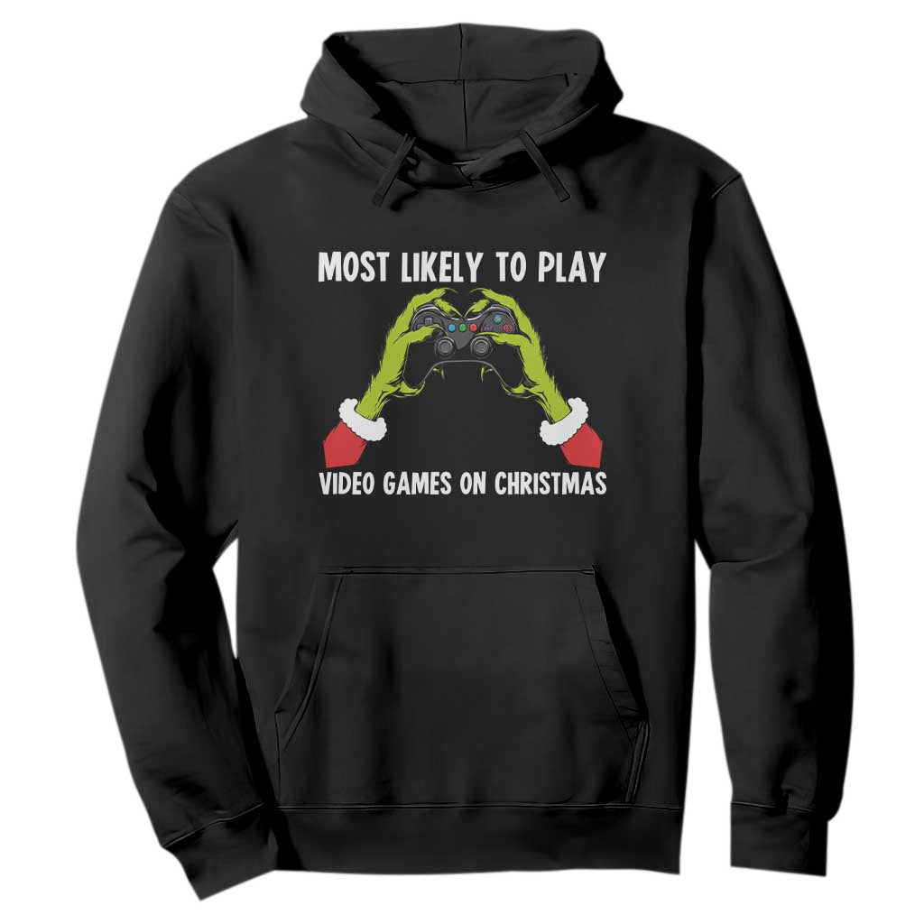 Funny Elf Hand Christmas Hoodie Most Likely To Play Video Games On Christmas TS14 Black Print Your Wear