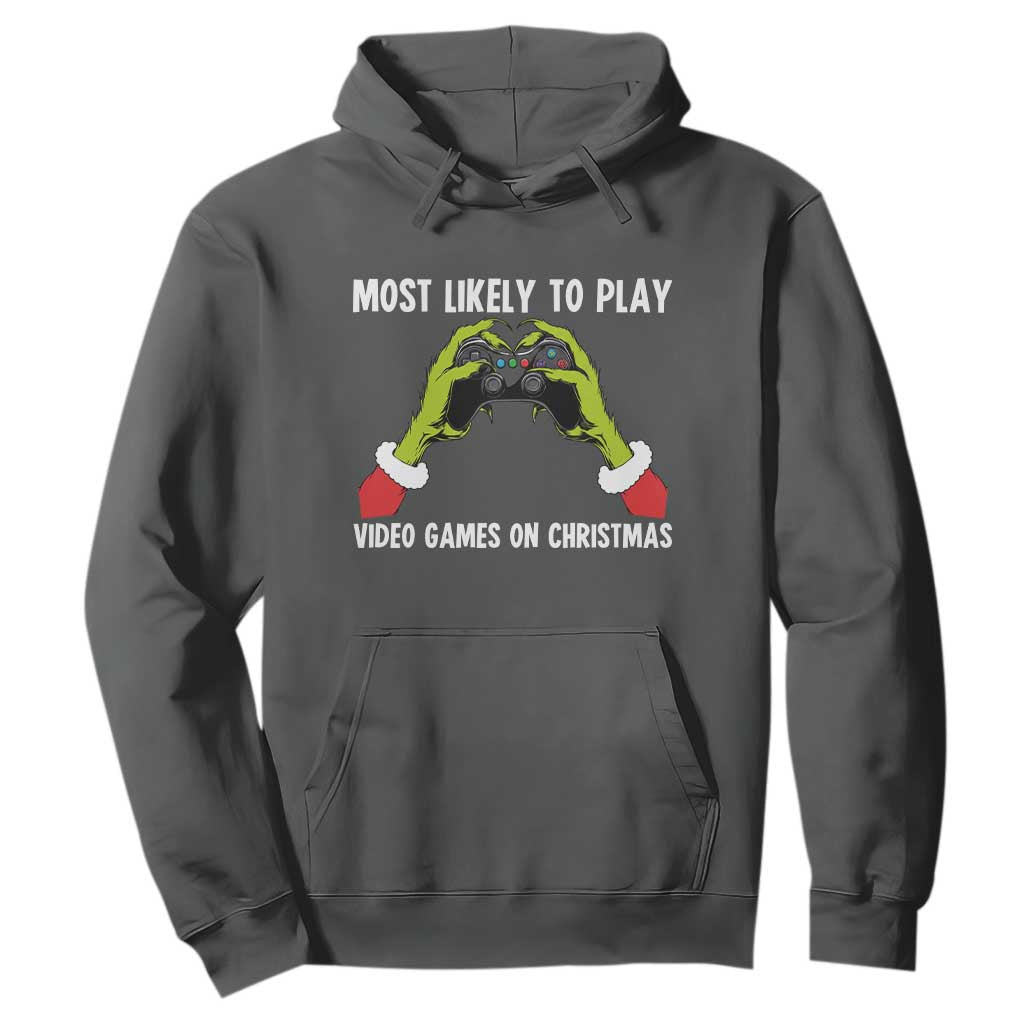 Funny Elf Hand Christmas Hoodie Most Likely To Play Video Games On Christmas TS14 Dark Heather Print Your Wear