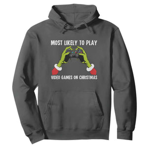 Funny Elf Hand Christmas Hoodie Most Likely To Play Video Games On Christmas TS14 Dark Heather Print Your Wear