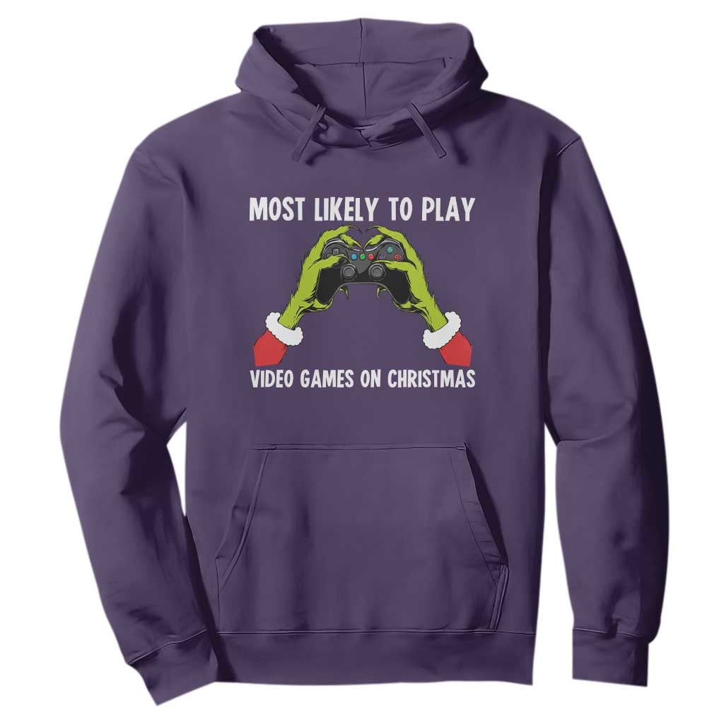 Funny Elf Hand Christmas Hoodie Most Likely To Play Video Games On Christmas TS14 Purple Print Your Wear