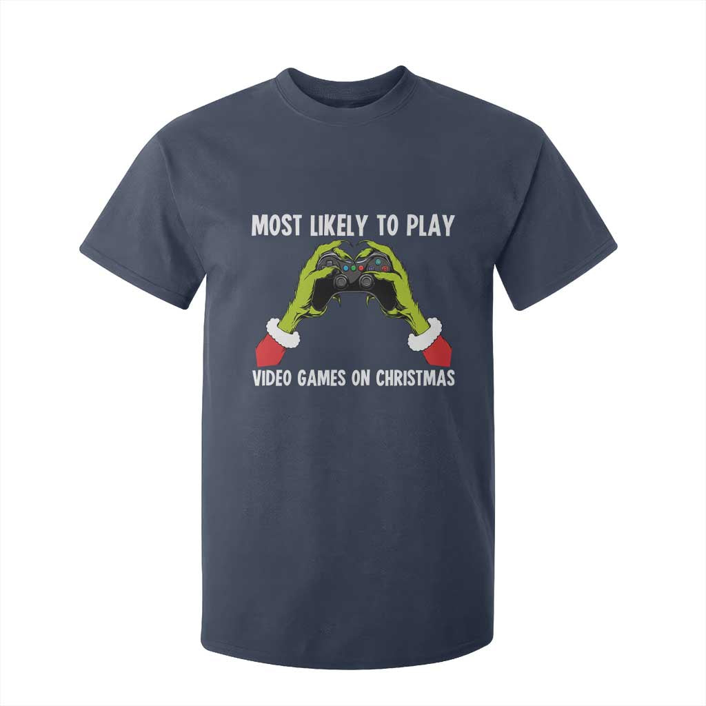 Funny Elf Hand Christmas T Shirt For Kid Most Likely To Play Video Games On Christmas TS14 Navy Print Your Wear