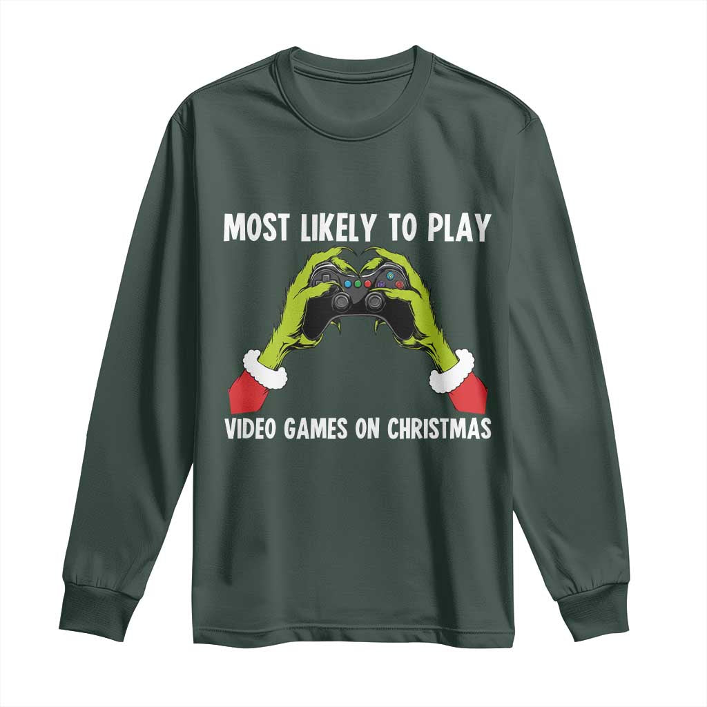 Funny Elf Hand Christmas Long Sleeve Shirt Most Likely To Play Video Games On Christmas TS14 Dark Forest Green Print Your Wear