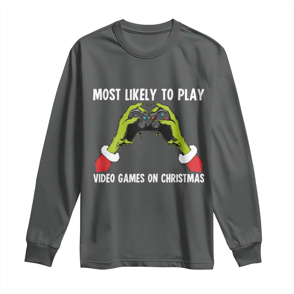 Funny Elf Hand Christmas Long Sleeve Shirt Most Likely To Play Video Games On Christmas TS14 Dark Heather Print Your Wear