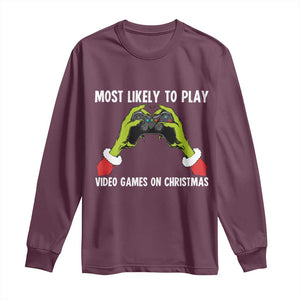 Funny Elf Hand Christmas Long Sleeve Shirt Most Likely To Play Video Games On Christmas TS14 Maroon Print Your Wear