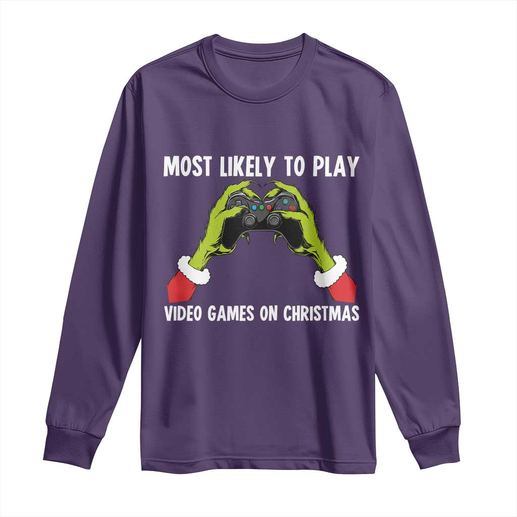 Funny Elf Hand Christmas Long Sleeve Shirt Most Likely To Play Video Games On Christmas TS14 Purple Print Your Wear