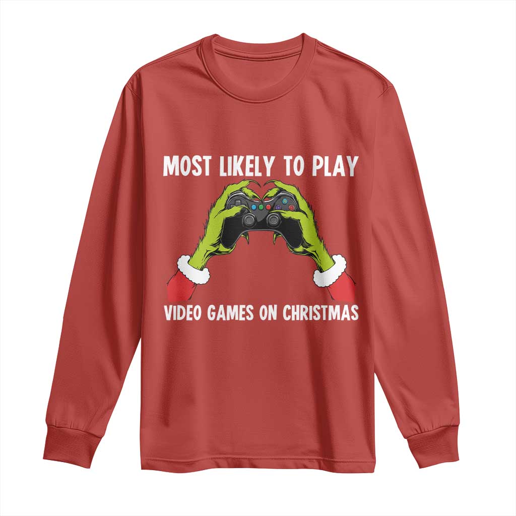 Funny Elf Hand Christmas Long Sleeve Shirt Most Likely To Play Video Games On Christmas TS14 Red Print Your Wear