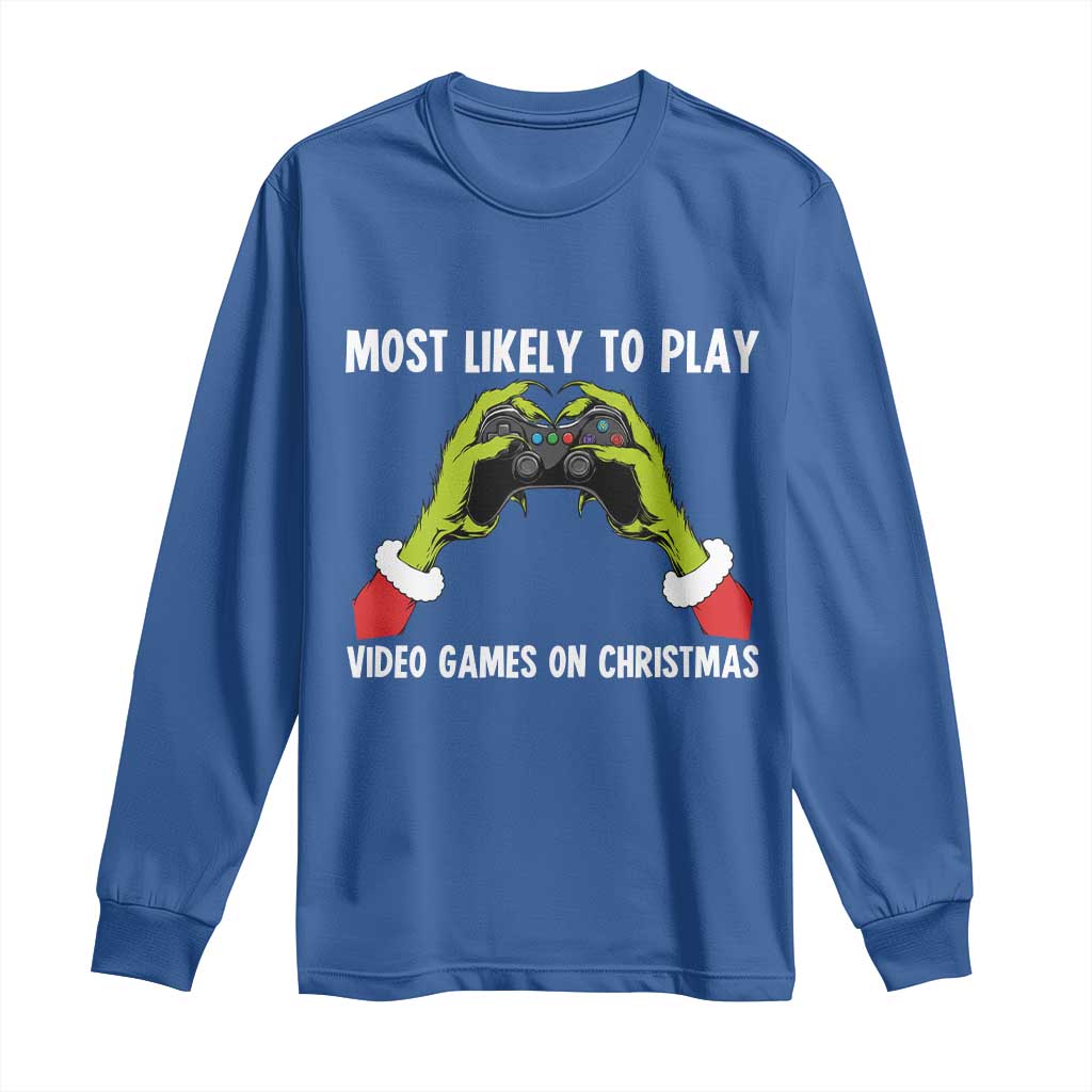 Funny Elf Hand Christmas Long Sleeve Shirt Most Likely To Play Video Games On Christmas TS14 Royal Blue Print Your Wear