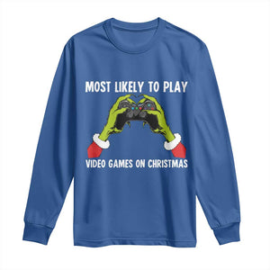 Funny Elf Hand Christmas Long Sleeve Shirt Most Likely To Play Video Games On Christmas TS14 Royal Blue Print Your Wear