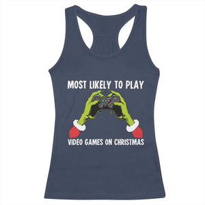 Funny Elf Hand Christmas Racerback Tank Top Most Likely To Play Video Games On Christmas TS14 Navy Print Your Wear