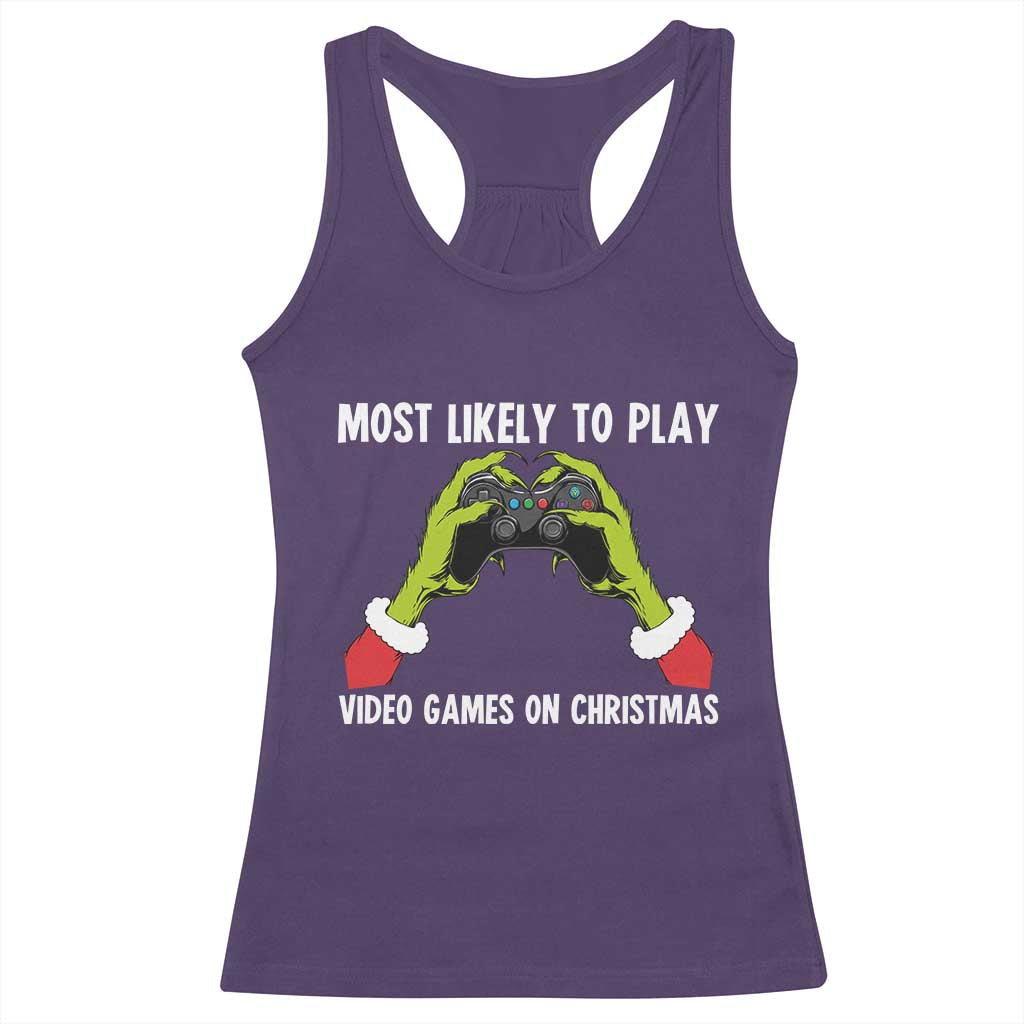 Funny Elf Hand Christmas Racerback Tank Top Most Likely To Play Video Games On Christmas TS14 Purple Print Your Wear