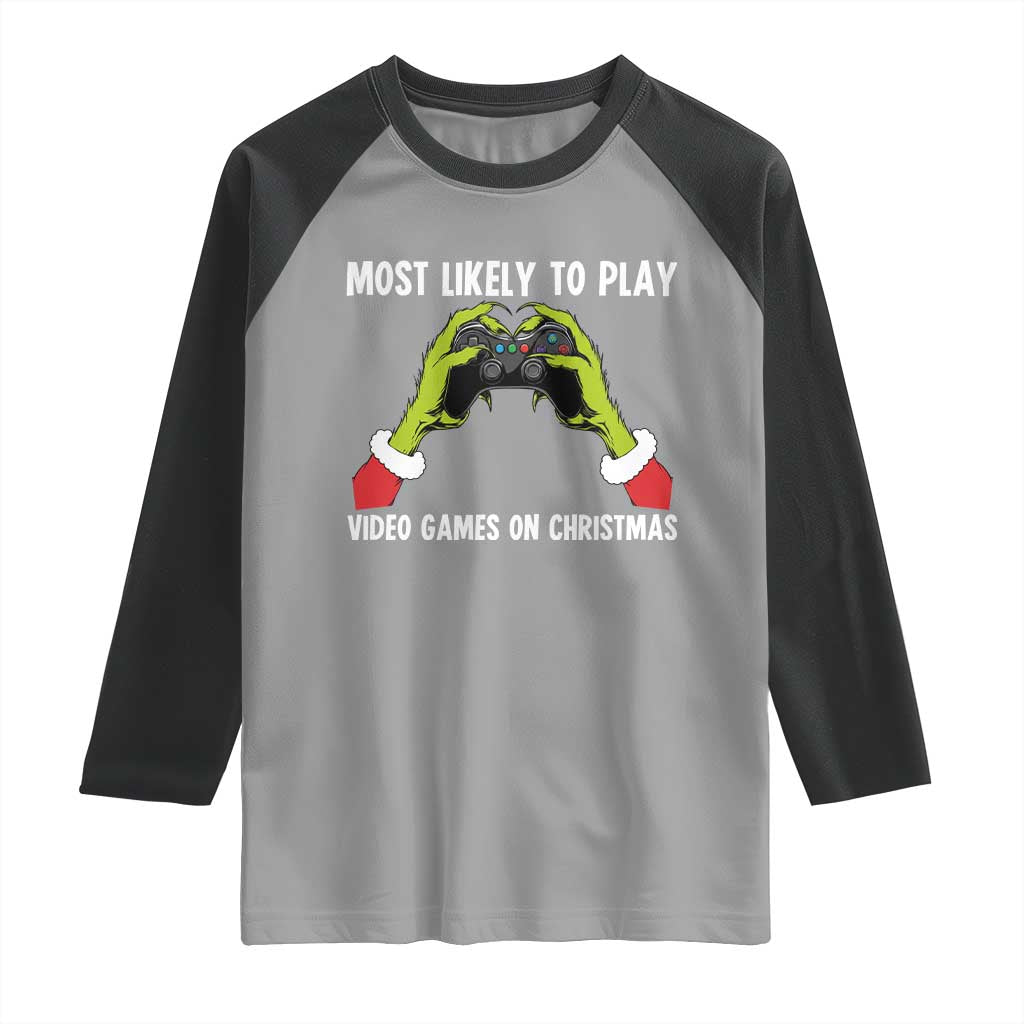 Funny Elf Hand Christmas Raglan Shirt Most Likely To Play Video Games On Christmas TS14 Sport Gray Black Print Your Wear
