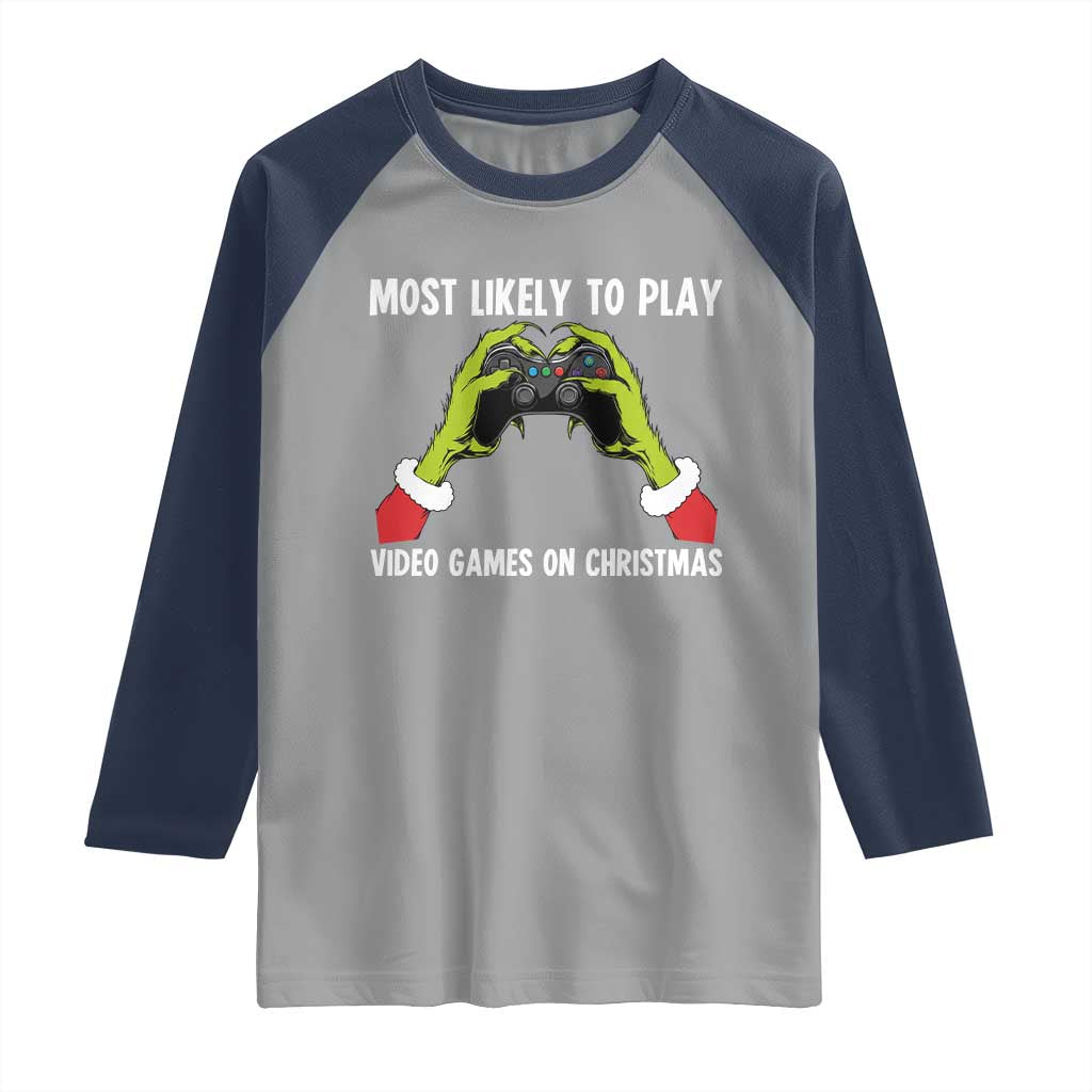 Funny Elf Hand Christmas Raglan Shirt Most Likely To Play Video Games On Christmas TS14 Sport Gray Navy Print Your Wear