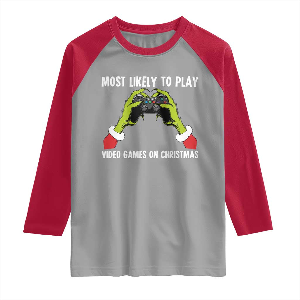 Funny Elf Hand Christmas Raglan Shirt Most Likely To Play Video Games On Christmas TS14 Sport Gray Red Print Your Wear