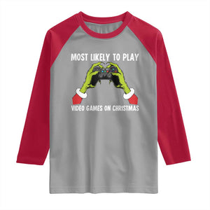 Funny Elf Hand Christmas Raglan Shirt Most Likely To Play Video Games On Christmas TS14 Sport Gray Red Print Your Wear