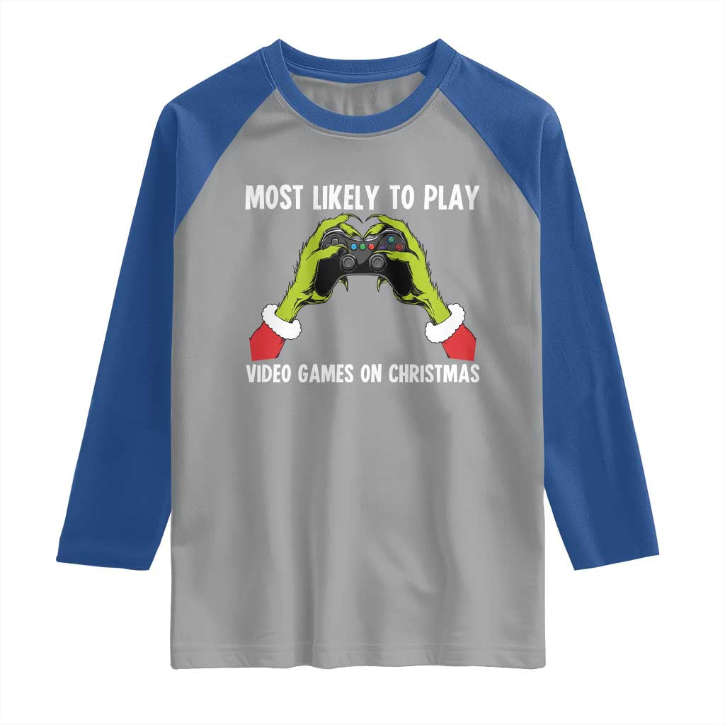 Funny Elf Hand Christmas Raglan Shirt Most Likely To Play Video Games On Christmas TS14 Sport Gray Royal Print Your Wear