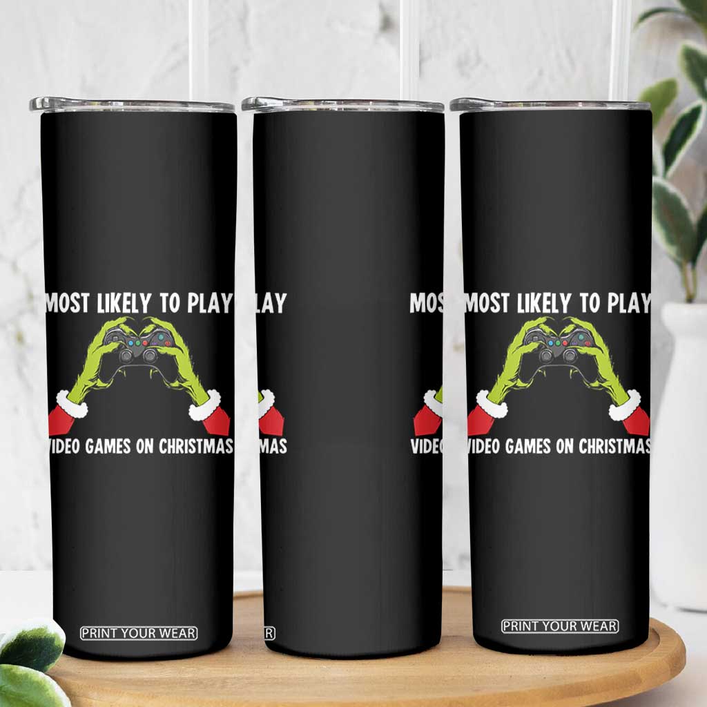 Funny Elf Hand Christmas Skinny Tumbler Most Likely To Play Video Games On Christmas TS14 Print Your Wear
