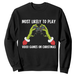 Funny Elf Hand Christmas Sweatshirt Most Likely To Play Video Games On Christmas TS14 Black Print Your Wear