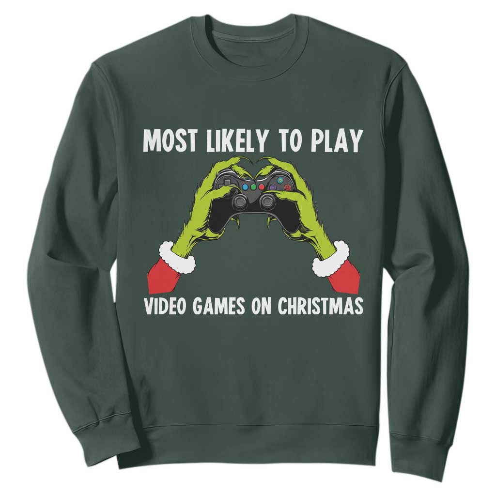 Funny Elf Hand Christmas Sweatshirt Most Likely To Play Video Games On Christmas TS14 Dark Forest Green Print Your Wear