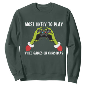 Funny Elf Hand Christmas Sweatshirt Most Likely To Play Video Games On Christmas TS14 Dark Forest Green Print Your Wear