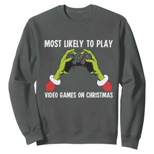 Funny Elf Hand Christmas Sweatshirt Most Likely To Play Video Games On Christmas TS14 Dark Heather Print Your Wear