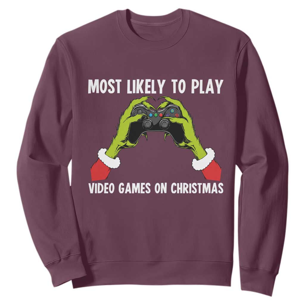 Funny Elf Hand Christmas Sweatshirt Most Likely To Play Video Games On Christmas TS14 Maroon Print Your Wear