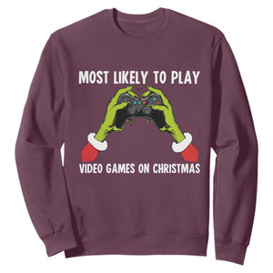 Funny Elf Hand Christmas Sweatshirt Most Likely To Play Video Games On Christmas TS14 Maroon Print Your Wear