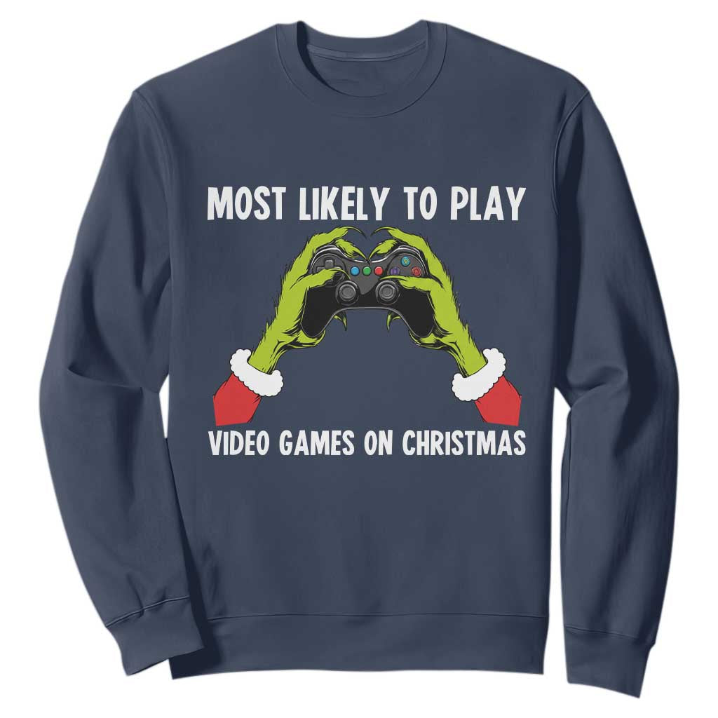 Funny Elf Hand Christmas Sweatshirt Most Likely To Play Video Games On Christmas TS14 Navy Print Your Wear