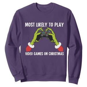 Funny Elf Hand Christmas Sweatshirt Most Likely To Play Video Games On Christmas TS14 Purple Print Your Wear