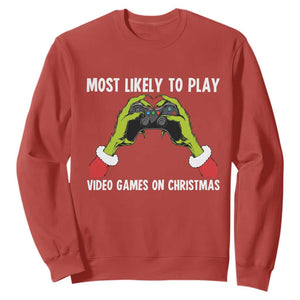 Funny Elf Hand Christmas Sweatshirt Most Likely To Play Video Games On Christmas TS14 Red Print Your Wear