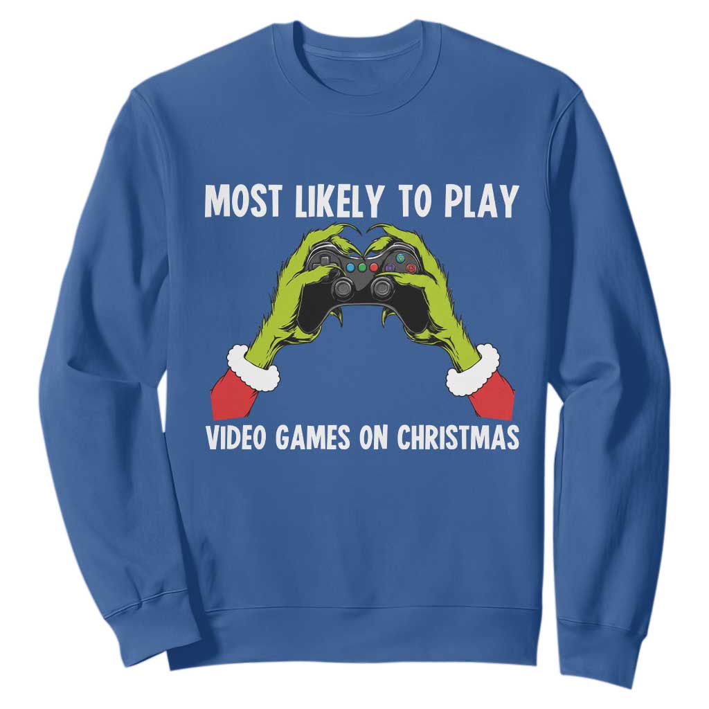 Funny Elf Hand Christmas Sweatshirt Most Likely To Play Video Games On Christmas TS14 Royal Blue Print Your Wear