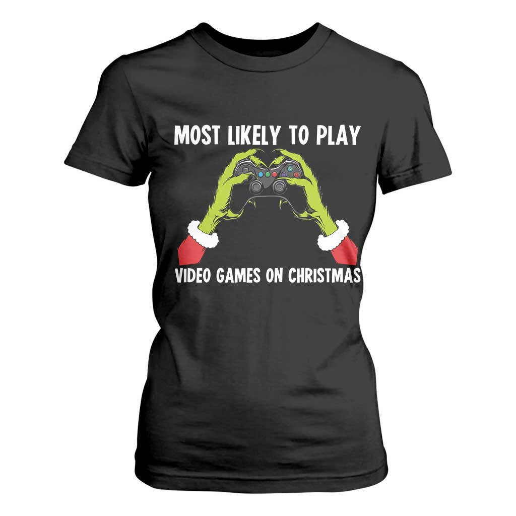 Funny Elf Hand Christmas T Shirt For Women Most Likely To Play Video Games On Christmas TS14 Black Print Your Wear