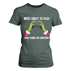 Funny Elf Hand Christmas T Shirt For Women Most Likely To Play Video Games On Christmas TS14 Dark Forest Green Print Your Wear