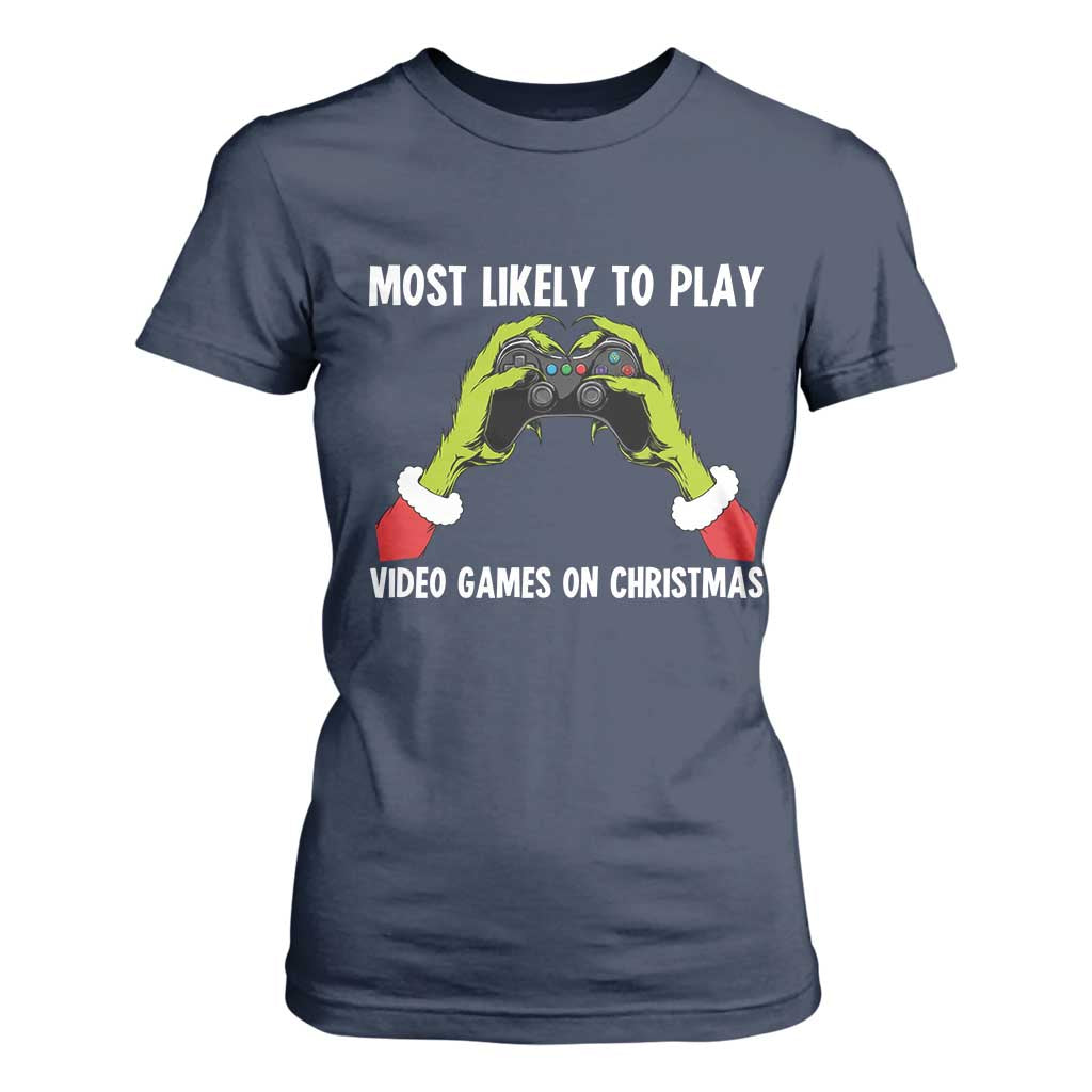 Funny Elf Hand Christmas T Shirt For Women Most Likely To Play Video Games On Christmas TS14 Navy Print Your Wear