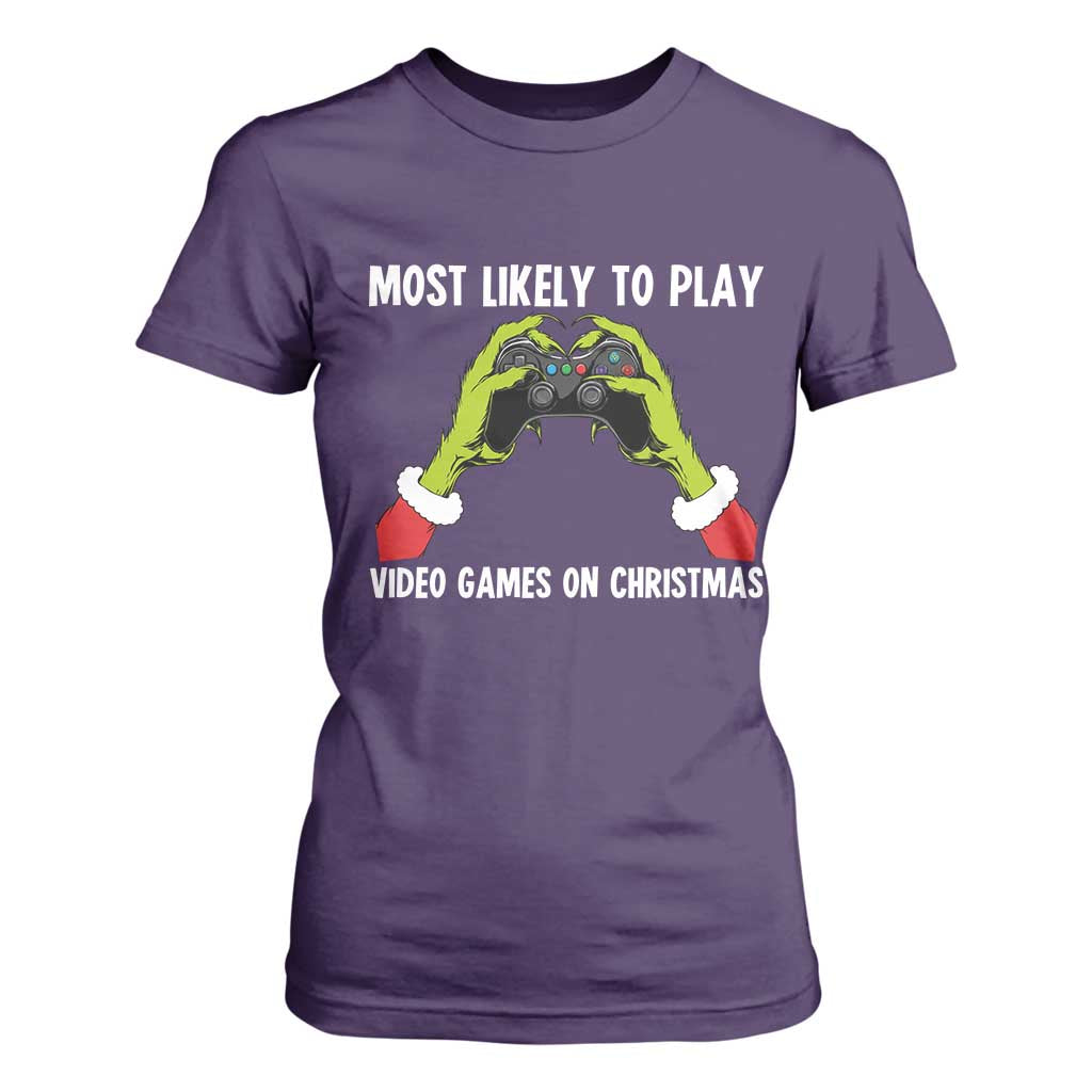 Funny Elf Hand Christmas T Shirt For Women Most Likely To Play Video Games On Christmas TS14 Purple Print Your Wear