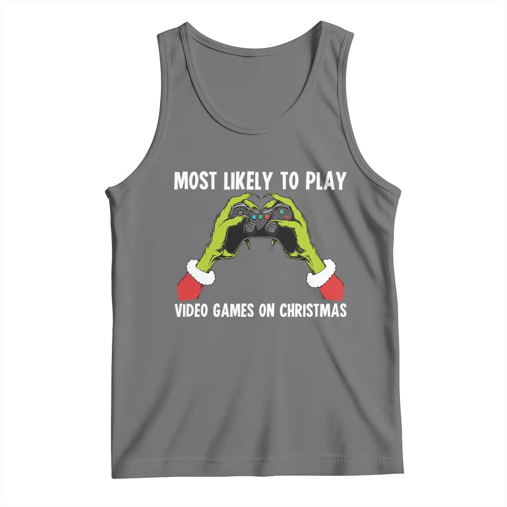 Funny Elf Hand Christmas Tank Top Most Likely To Play Video Games On Christmas TS14 Black Heather Print Your Wear