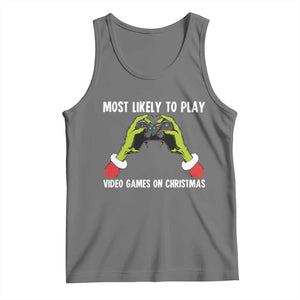 Funny Elf Hand Christmas Tank Top Most Likely To Play Video Games On Christmas TS14 Black Heather Print Your Wear