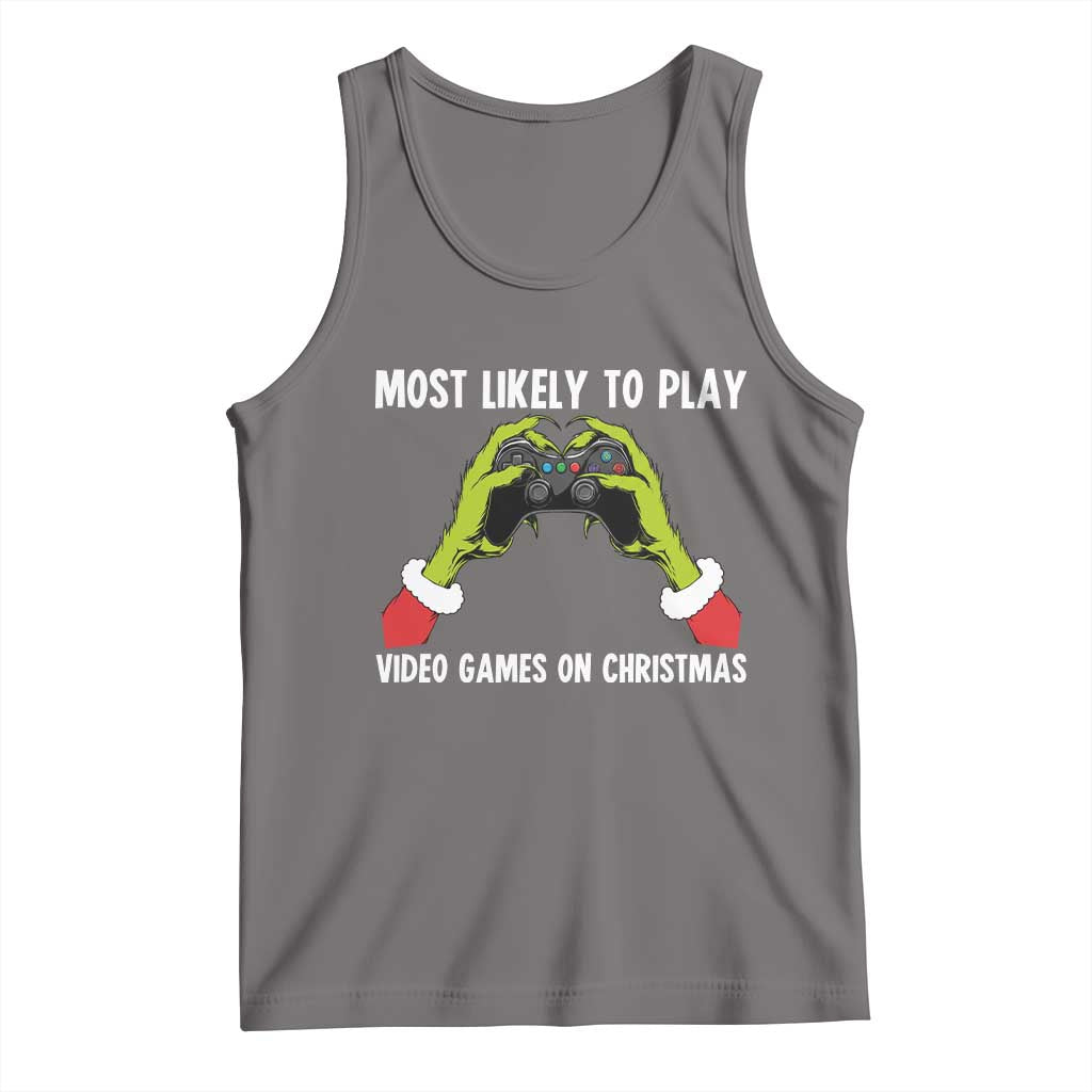 Funny Elf Hand Christmas Tank Top Most Likely To Play Video Games On Christmas TS14 Deep Heather Print Your Wear