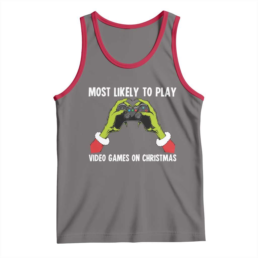 Funny Elf Hand Christmas Tank Top Most Likely To Play Video Games On Christmas TS14 Deep Heather Red Print Your Wear