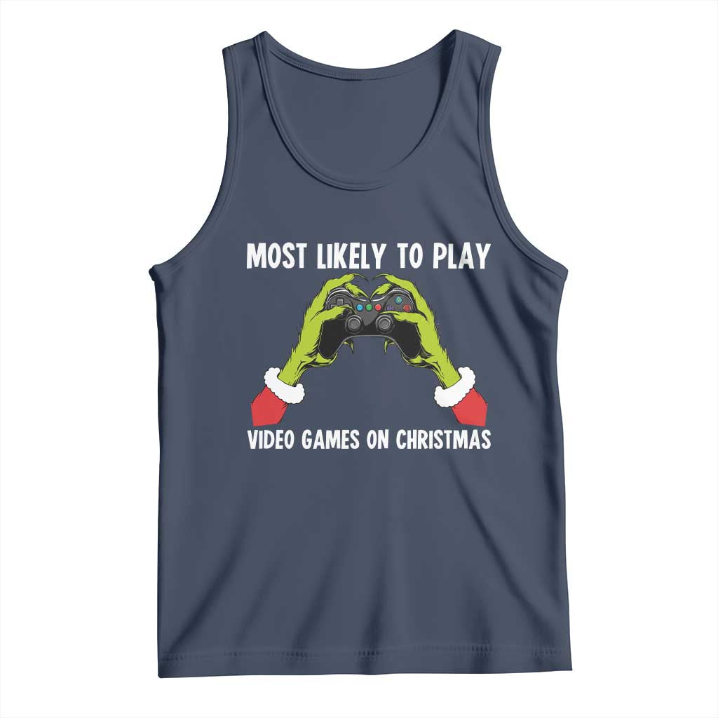 Funny Elf Hand Christmas Tank Top Most Likely To Play Video Games On Christmas TS14 Navy Print Your Wear