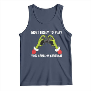 Funny Elf Hand Christmas Tank Top Most Likely To Play Video Games On Christmas TS14 Navy Print Your Wear