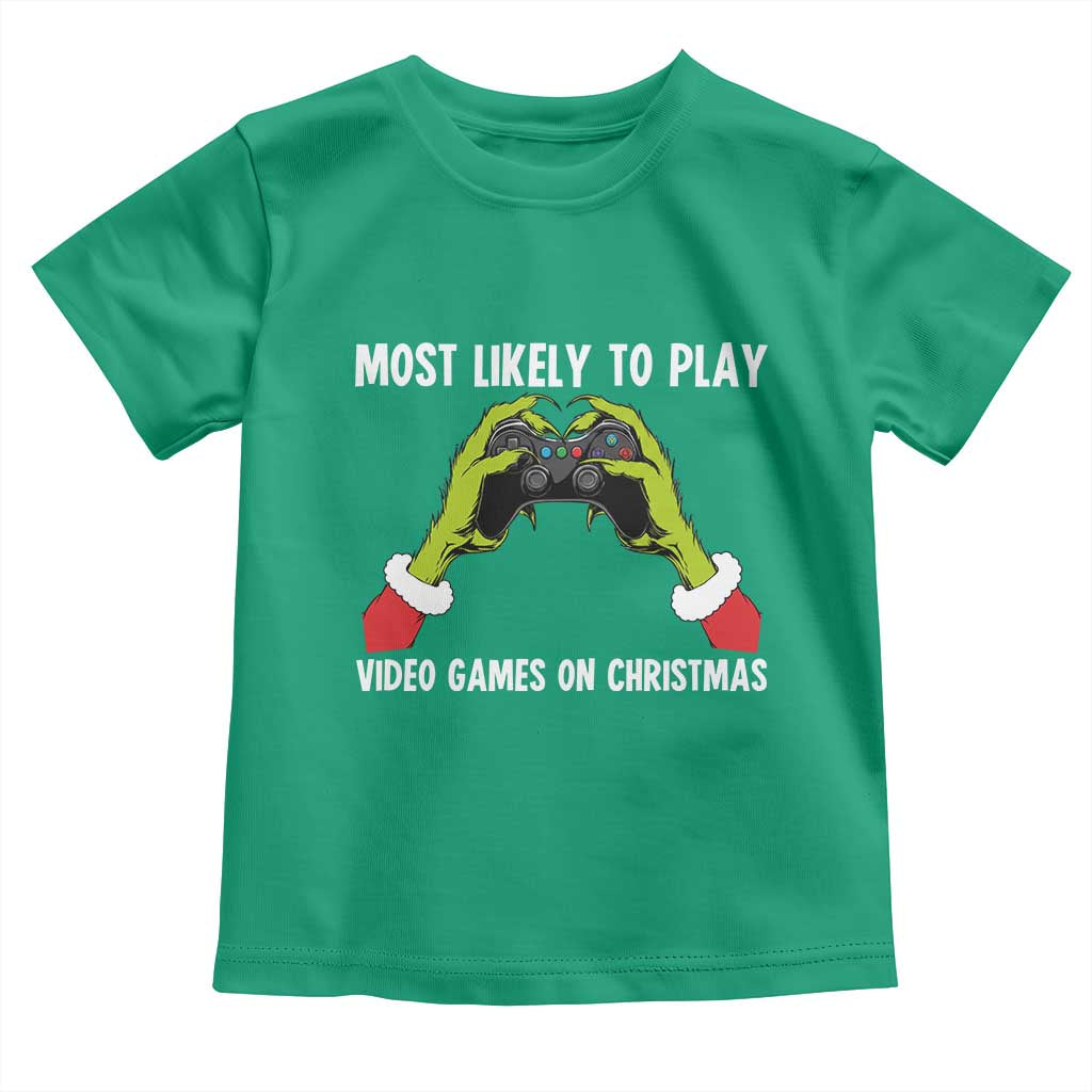 Funny Elf Hand Christmas Toddler T Shirt Most Likely To Play Video Games On Christmas TS14 Irish Green Print Your Wear
