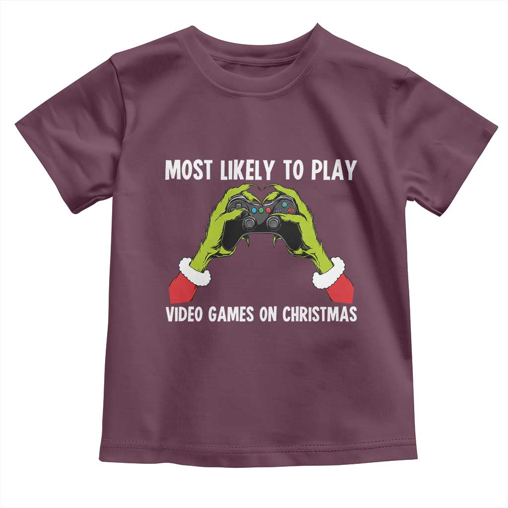 Funny Elf Hand Christmas Toddler T Shirt Most Likely To Play Video Games On Christmas TS14 Maroon Print Your Wear
